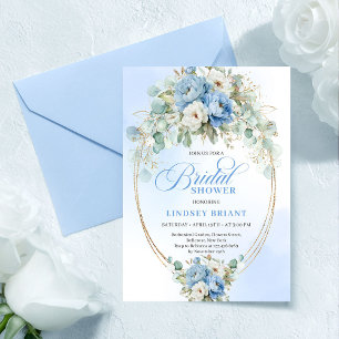 Chic Pastel Blue Peony Greenery Gold Bridal Shower Invitation