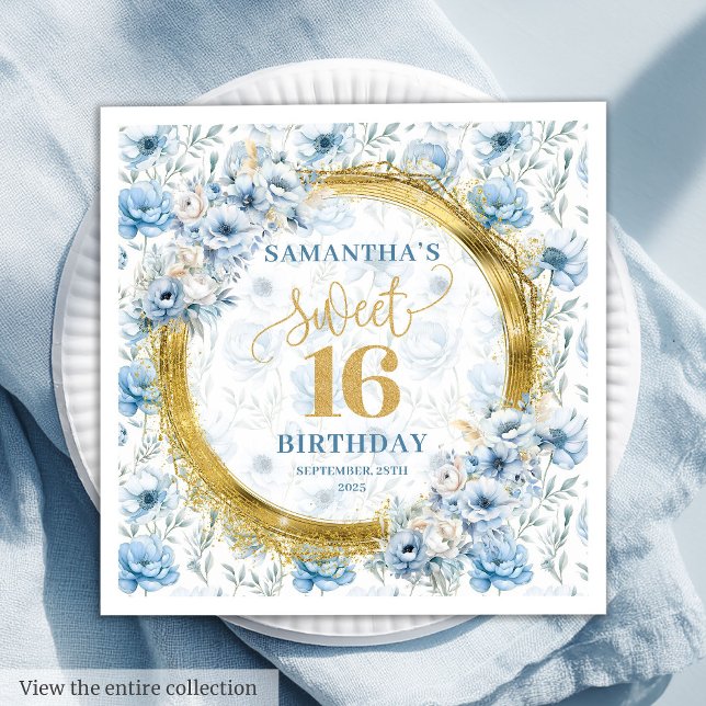 Chic Pastel Blue Sweet 16 Napkin with Gold Sparkle (Chic Pastel Blue Sweet 16 Napkin with Gold Sparkles)