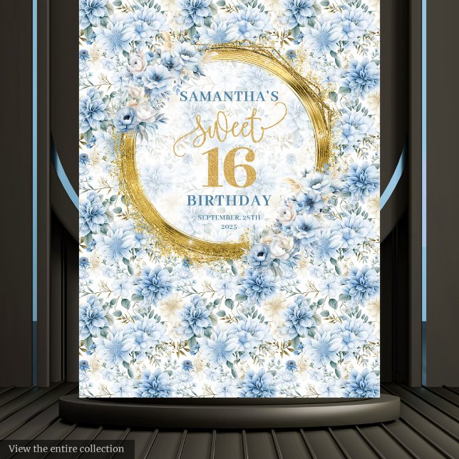 Chic Pastel Blue Sweet Sixteen Gold Glitter Banner Tapestry (Chic Pastel Blue Sweet Sixteen Gold Glitter Banner Tapestry)