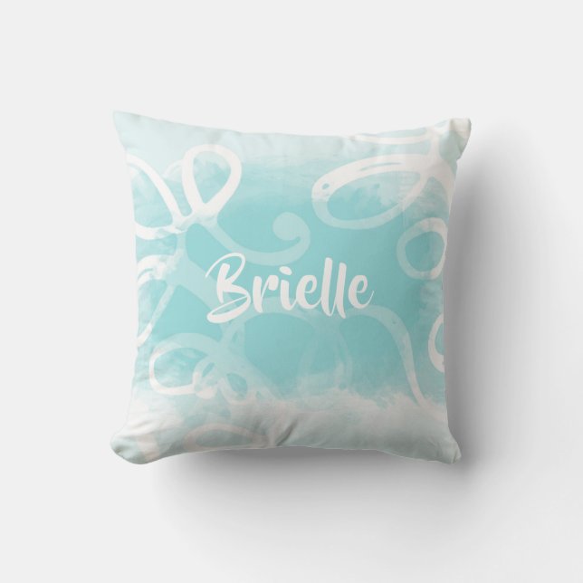 Chic Pastel Blue Watercolor Swirls With Name Throw Pillow (Front)