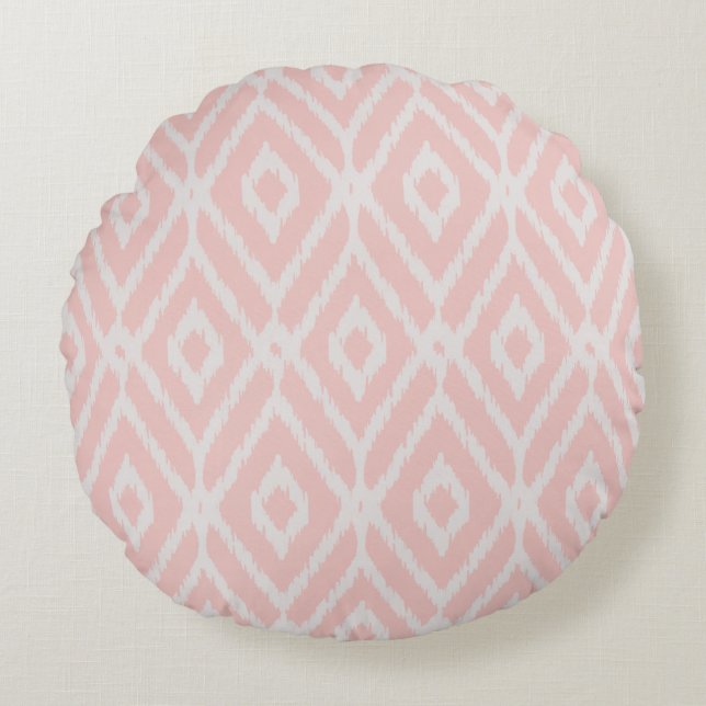 Chic pastel blush pink ikat tribal diamond pattern round pillow (Front)