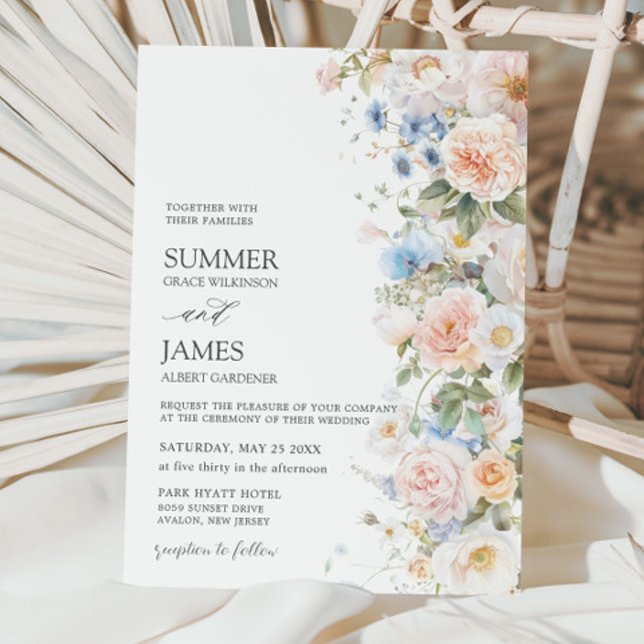 Chic Pastel Blush White Blue Roses Floral Wedding  Invitation (Creator Uploaded)