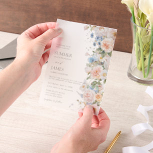 Chic Pastel Blush White Blue Roses Floral Wedding Vellum Invitations