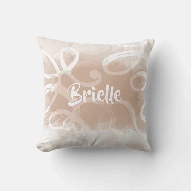 Chic Pastel Brown Watercolor Swirls With Name Throw Pillow (Front)