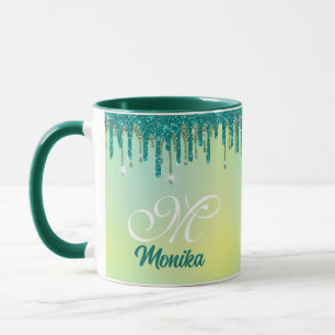 Chic Pastel Green Mint Glitter Drips Monogram Mug