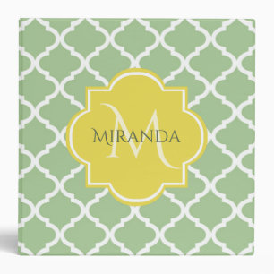 Chic Pastel Green Quatrefoil Yellow Name Monogram Binder