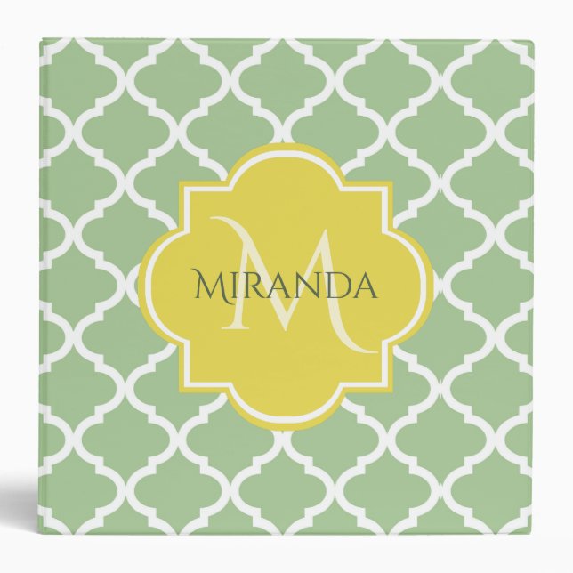 Chic Pastel Green Quatrefoil Yellow Name Monogram Binder (Front)