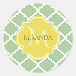 Chic Pastel Green Quatrefoil Yellow Name Monogram Classic Round Sticker