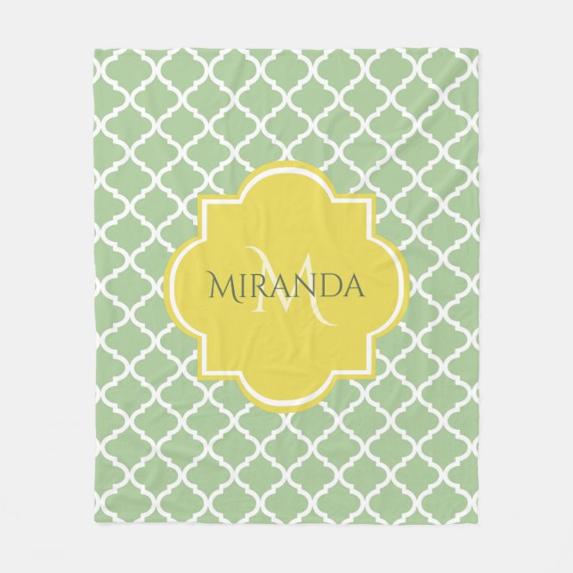 Chic Pastel Green Quatrefoil Yellow Name Monogram Fleece Blanket (Front)