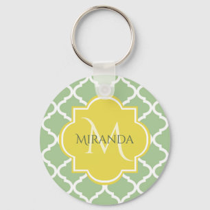 Chic Pastel Green Quatrefoil Yellow Name Monogram Keychain