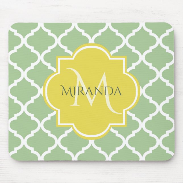 Chic Pastel Green Quatrefoil Yellow Name Monogram Mouse Pad (Front)