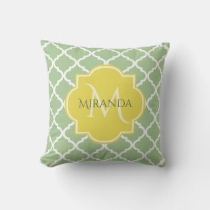 Chic Pastel Green Quatrefoil Yellow Name Monogram Throw Pillow