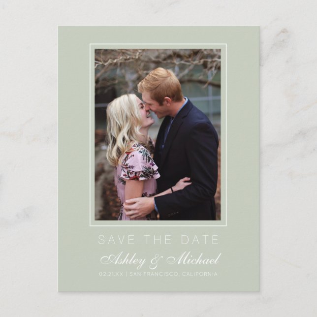 Chic Pastel Green Save the Date Engagement Photo Announcement Postcard (Front)