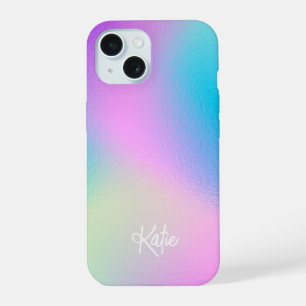 Chic Pastel Holographic with Name iPhone 15 Case