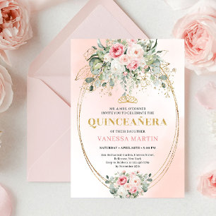 Chic Pastel Pink Boho Floral Quinceañera Invites