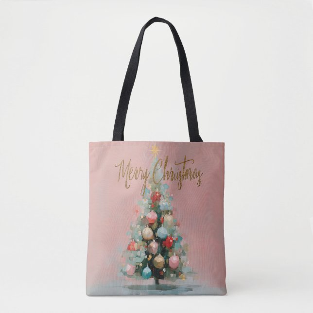 Chic Pastel Pink Christmas Tree Tote Bag (Front)