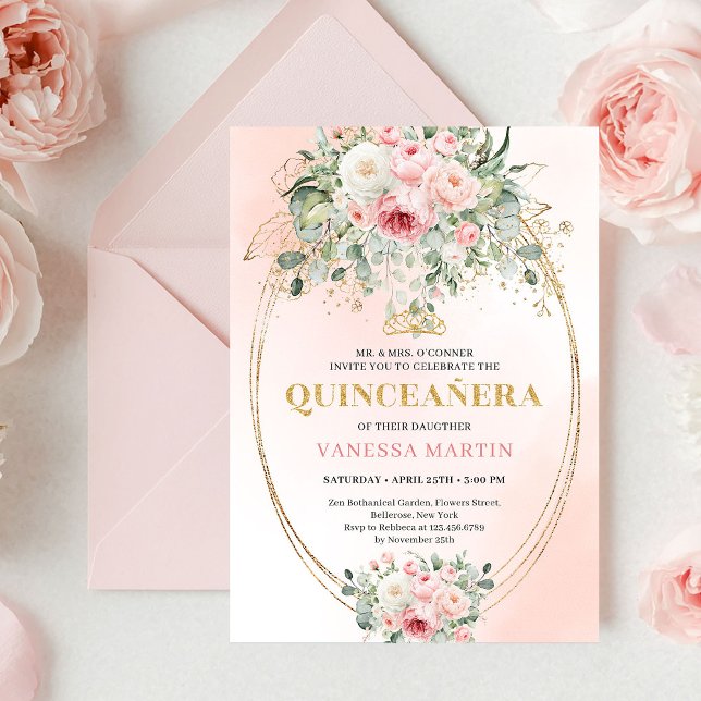 Chic Pastel Pink Eucalyptus Quinceañera Invite (Chic Pastel Pink Eucalyptus Quinceañera Invite

)