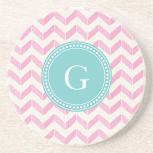 Chic Pastel Pink & Mint Chevron Custom Monogram Coaster