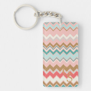 Chic Pastel Pink Mint Chevron Custom Monogram Keychain