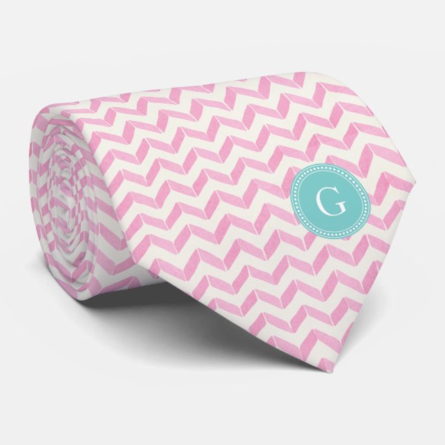 Chic Pastel Pink & Mint Chevron Custom Monogram Tie (Rolled)