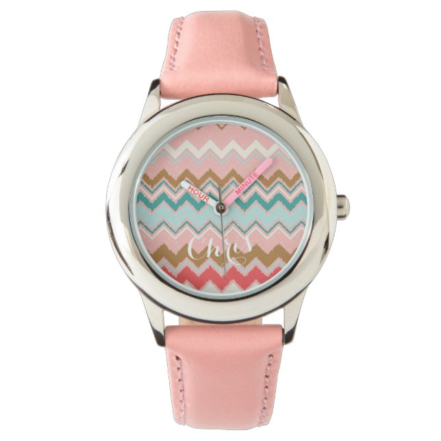 Chic Pastel Pink Mint Chevron Custom Monogram Watch (Front)