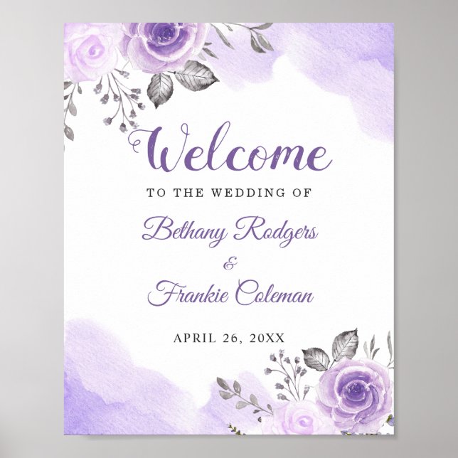 Chic Pastel Purple Watercolor Floral Wedding Sign (Front)