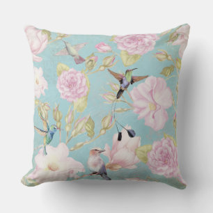 Chic Pastel Teal Vintage Roses Hummingbird Pattern Throw Pillow