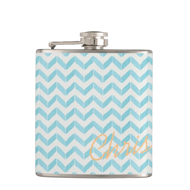 Chic Pastel turquoise Chevron Custom Monogram Hip Flask (Front)