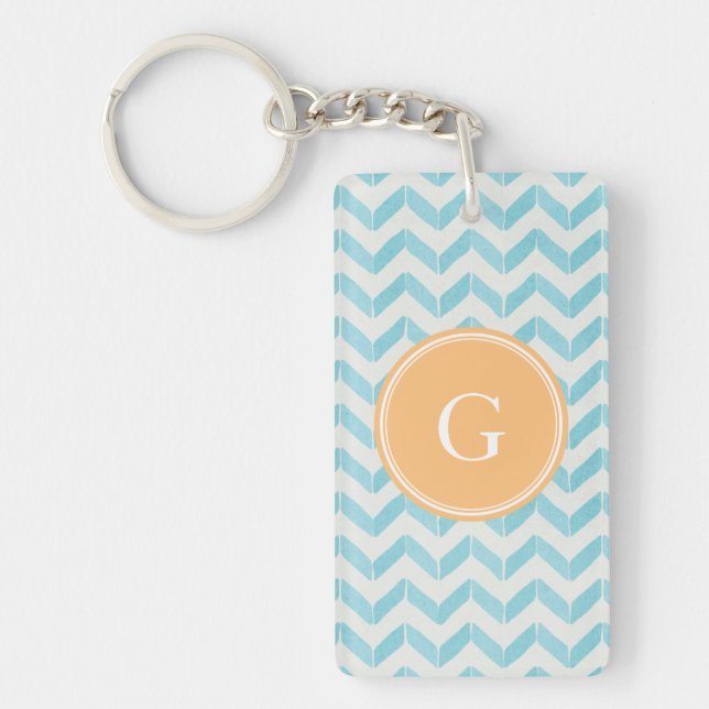 Chic Pastel turquoise Chevron Custom Monogram Keychain (Front)
