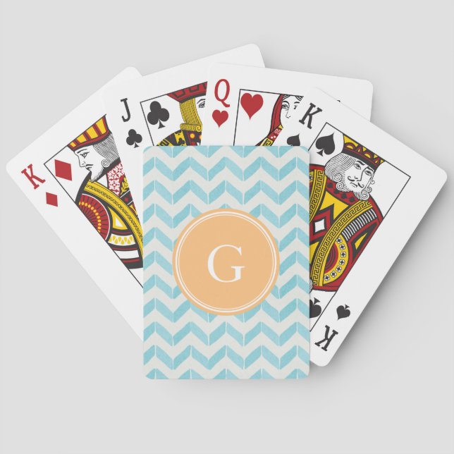 Chic Pastel turquoise Chevron Custom Monogram Playing Cards (Back)