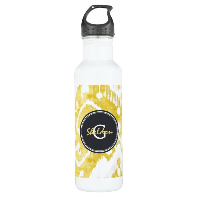 Chic pastel  yellow and grey ikat tribal pattern 710 ml water bottle (Front)