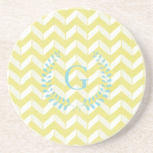 Chic Pastel Yellow Teal Chevron Custom Monogram Coaster