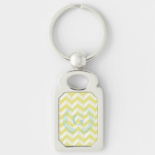 Chic Pastel Yellow Teal Chevron Custom Monogram Keychain