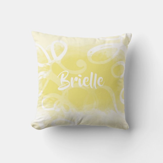 Chic Pastel Yellow Watercolor Swirls With Name Throw Pillow (Front)