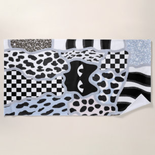 Chic Patchwork Suspicious Black Cat Gingham & Chec Beach Towel