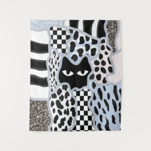 Chic Patchwork Suspicious Black Cat Gingham & Chec Tapestry
