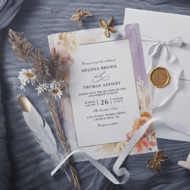 Chic Peach Blush Floral Budget QR Code Wedding Invitation (Creator Uploaded)
