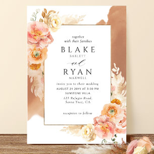Chic Peach Blush Floral, Rust Watercolor Wedding Invitation