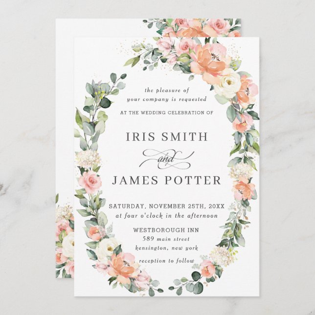 Chic Peach Blush Ivory Floral Wreath Leafy Wedding Invitation (Front/Back)