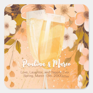 Chic Peach Floral Champagne Bridal Shower Party Square Sticker