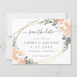 Chic Peach Gold Floral Mint Green Save the Date Announcement