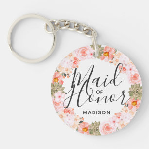 Chic Peach Mint Modern Floral Wreath Maid of Honou Keychain