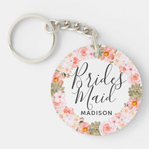 Chic Peach Mint Modern Succulent Wreath Bridesmaid Keychain