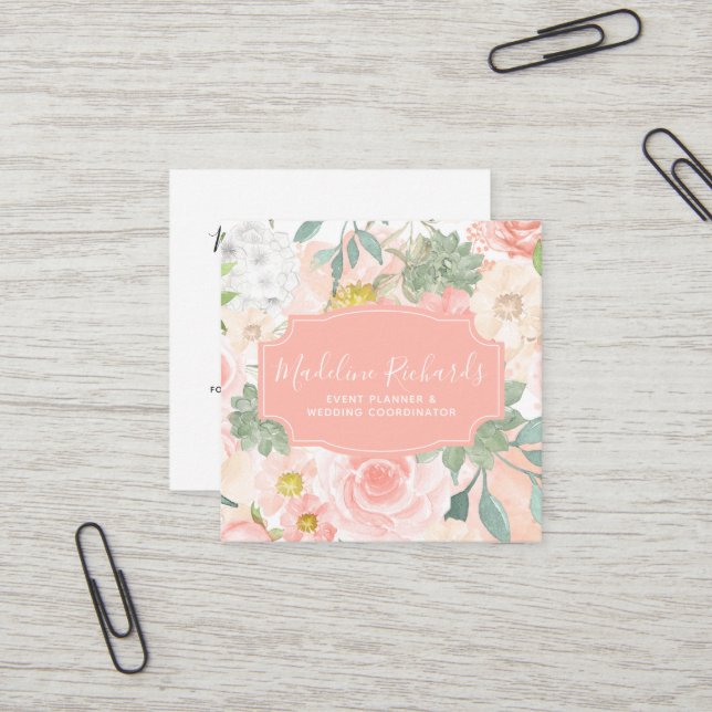 Chic Peach Mint Succulents with Social Media Icons Square Business Card (Front/Back In Situ)