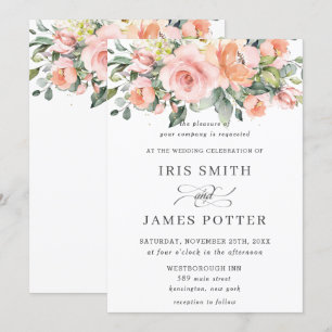 Chic Peach Orange Pink Floral  Greenery Wedding Invitation