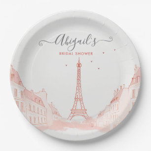 Chic Peach Pink Photo Eiffel Tower Bridal Shower Paper Plate