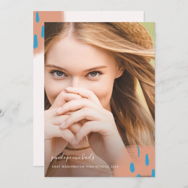 Chic Peach Splashes Photo Graduation Party Invitation (Front/Back)