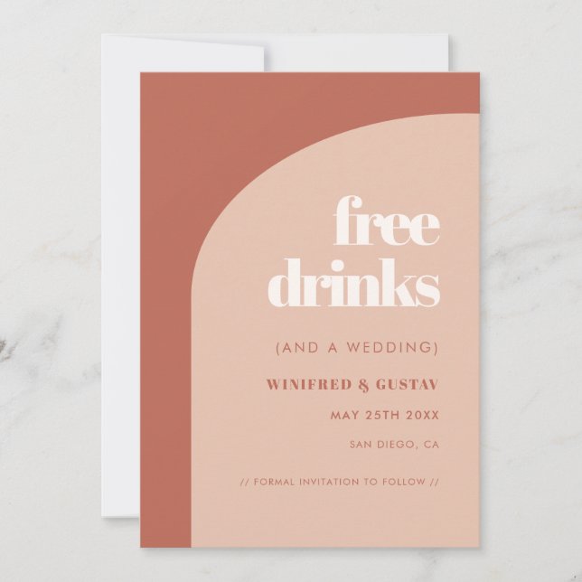 Chic peach terracotta arch Free drinks Save The Date (Front)