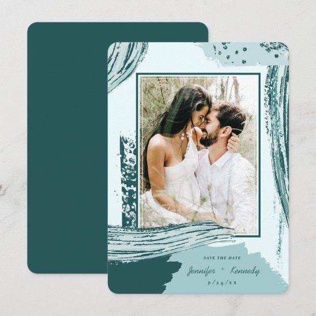 Chic Peacock Abstract Paint Brush Strokes Photo Save The Date (Front/Back)