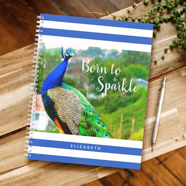 Chic Peacock Blue White Stripes Born to Sparkle Notebook (Creator Uploaded)